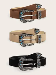 Women's Vintage Flower Embossed Buckle Belt, Fashionable PU Leather Western Cowboy Belt for Daily Clothing Decor, Trendy All-match & Exquisite Belt for Birthday Gift, Fashion Vintage Belts