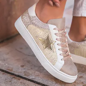Women's Gold Glitter Star Patchwork PU Leather Lace-Up Sneakers