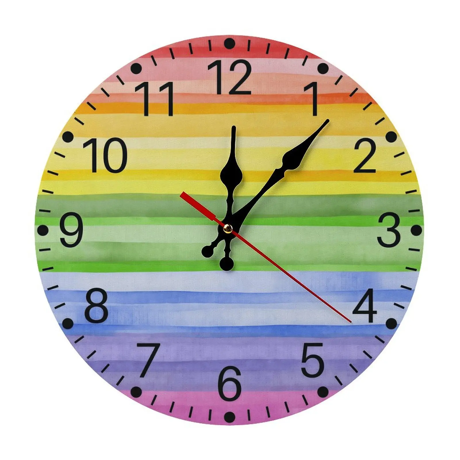 10-12 in Round 5mm Wood Classic Vibrant Rainbow Striped Analog Wall Clock - Silent Sweep Movement, Watercolor Print, DIY Assembly Required, Screen-Free, Battery Not Included, Ideal for Kid Room, Casual Room Decor, Birthday Gift Option, Analog Clock