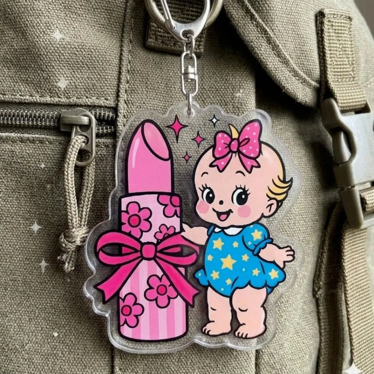 Lipstick Kewpie Keychain, Pink Bow Baby Acrylic Charm, Girly Kitsch Bag Accessory