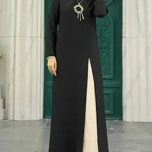 Elegant Long-Sleeve High Slit Dress for Women - Polyester Ruching Detail, Solid Color, Modest Middle Eastern Style, Machine Washable, All-Season Wear, Formal Islamic Wear| Middle Eastern Dress| Stylish Simplicity, Muslim Dress