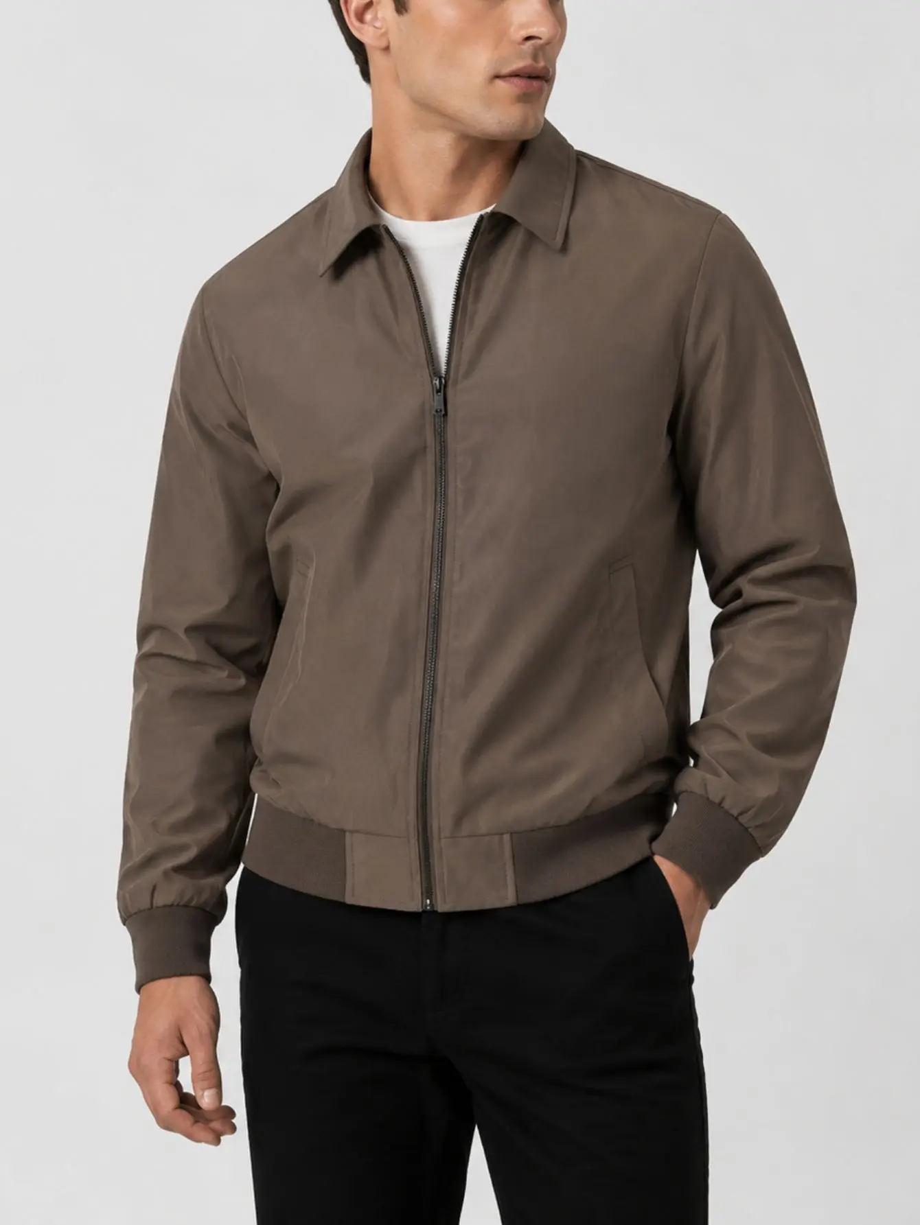 Men’s turn-down collar aviator jacket, business casual zip-up outerwear, vintage style, suitable for everyday commuting.