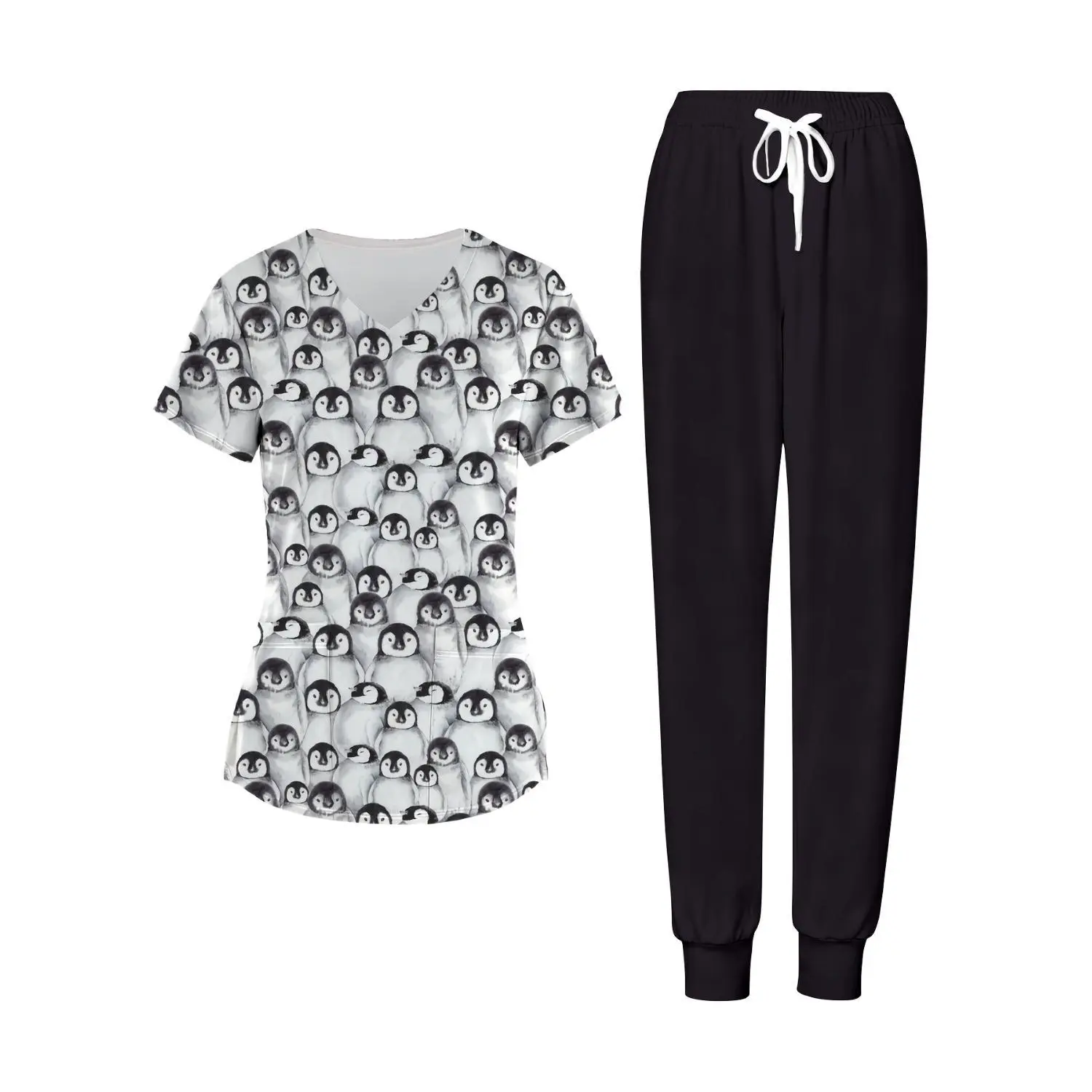 Charming Penguin Print Plus Size Nurse Uniform 2-Piece Set with Black Drawstring Pants - Ideal for Work, Hospital, or Home - Comfortable Fabric, Perfect Gift