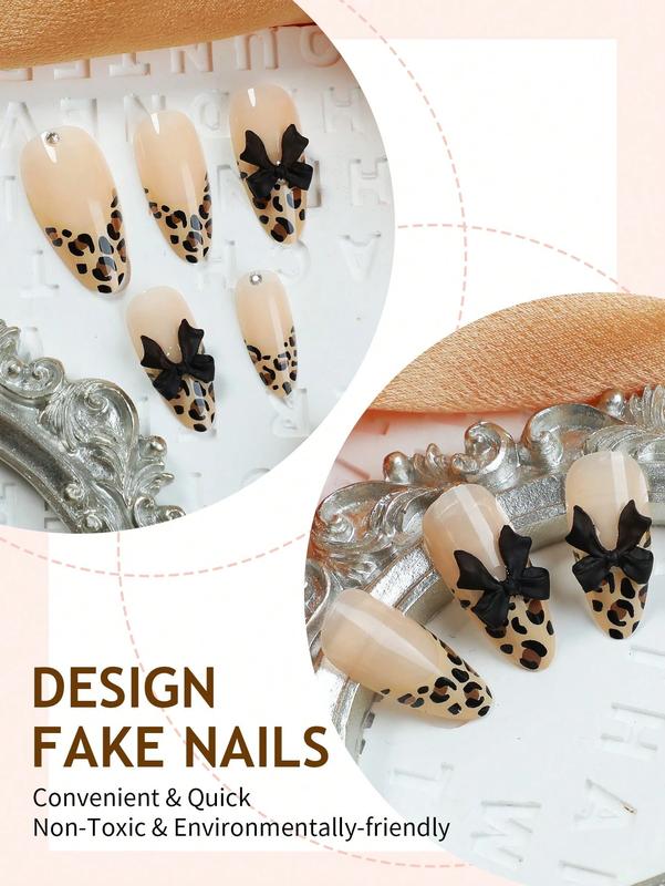 24-Piece Medium Almond Press-On Nails with Leopard Print French Tip & 3D Black Bow - Glossy Nude Pink Base, Full-Cover Artificial Nails for Daily Wear​