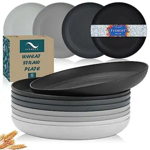 PYRMONT Dinner Plates Set of 8 - Unbreakable Wheat Straw Plates 10 inch Large Plates Plastic Plates Reusable - Dishwasher and Microwave Safe Unbreakable Plates for Kids (Grey Stone)