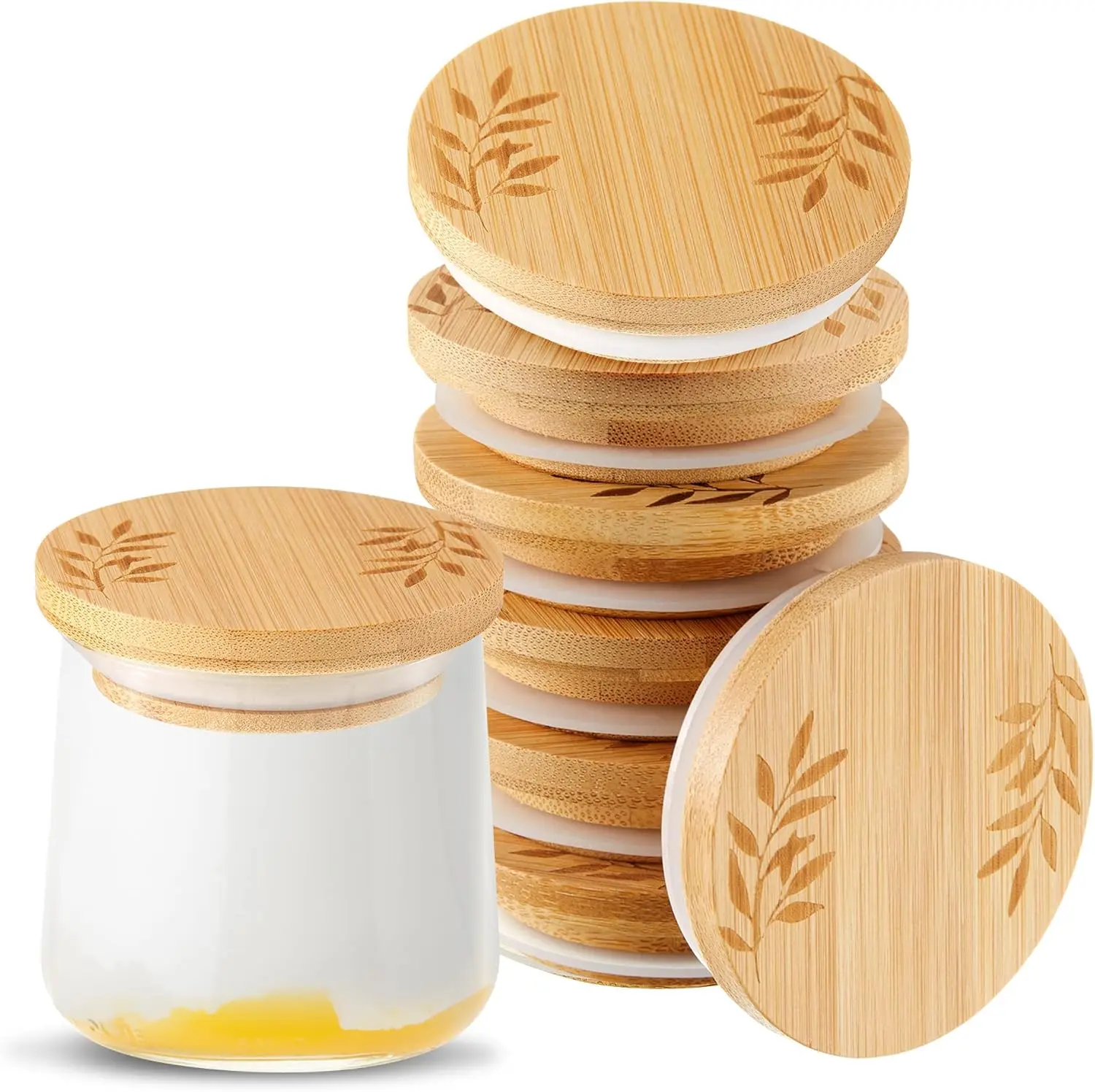 Oui Yogurt 6 Pcs Bamboo Jar Lids Set with Reusable Canning Lids Covers, Round, Silicone Sealing Rings Compatible, Kitchen Utensils