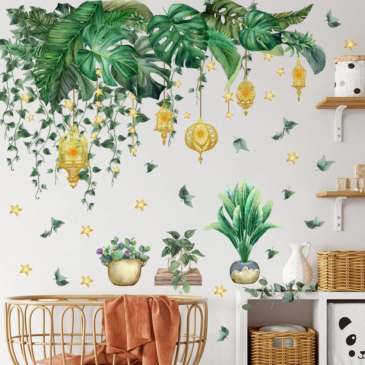 Green Plant Vine Wall Stickers Hanging Vines Wall Decals Removable Potted Flower Star Wall Decals Tropic Leaves Boho Wall Art Decor for Bedroom, Living Room, Office, DIY Home Decoration (Waterproof) Tropical Decorative Wall Sticker