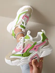 Women's Thick Sole Sports Shoes, Summer Multicolor Mesh Breathable Casual Sneakers, Outdoor Fashion Lace-Up Low Top Footwear, Trendy Walking Sneaker