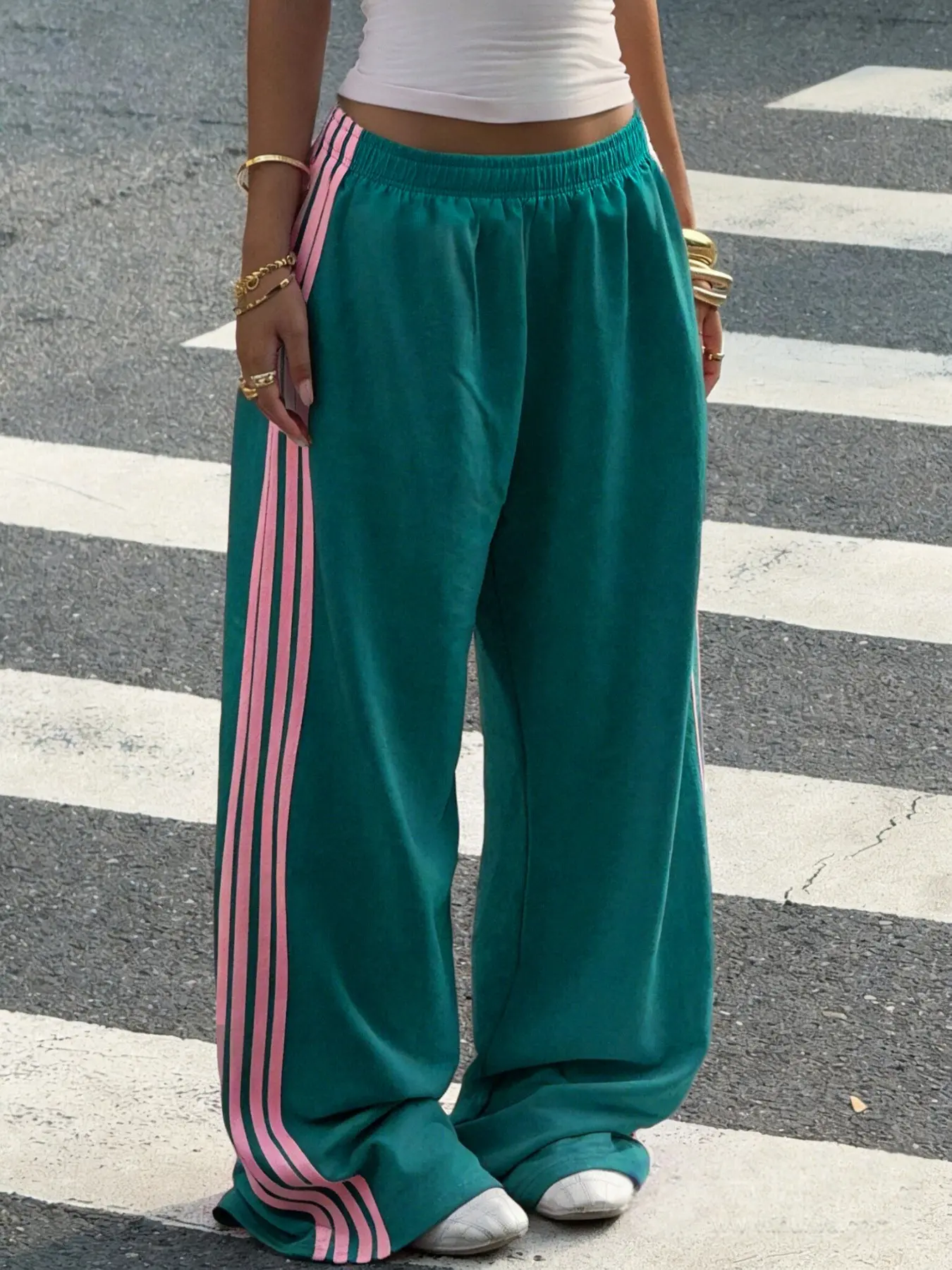 Women's Fashion Striped H-Type Loose Fit Long Pants Trouser Bottom Womenswear, Casual Patchwork Design, All-Season Wear, Versatile Daily Use
