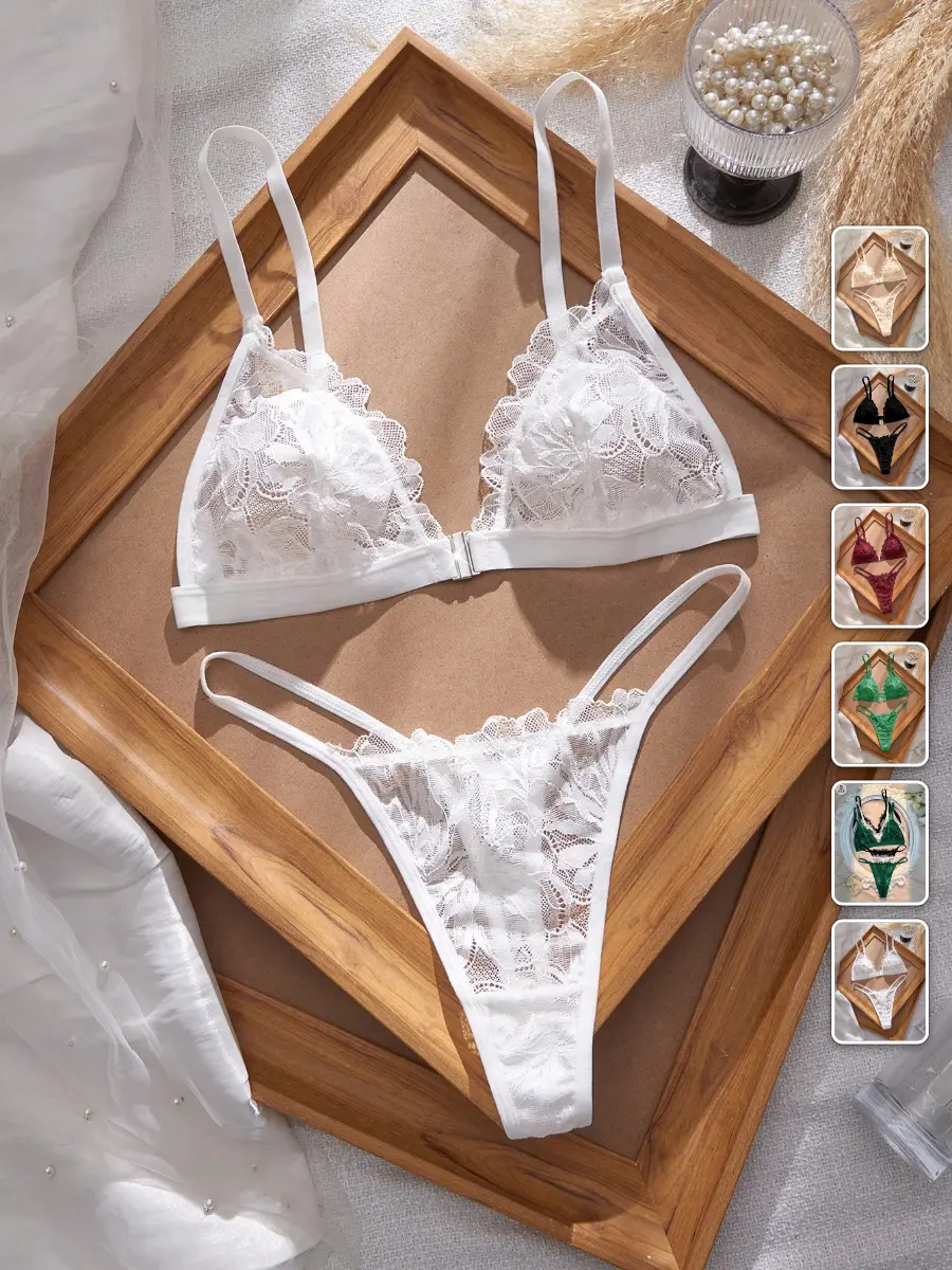Sexy Lingerie Set 3 Piece Lace Patchwork Front Closure Date Night