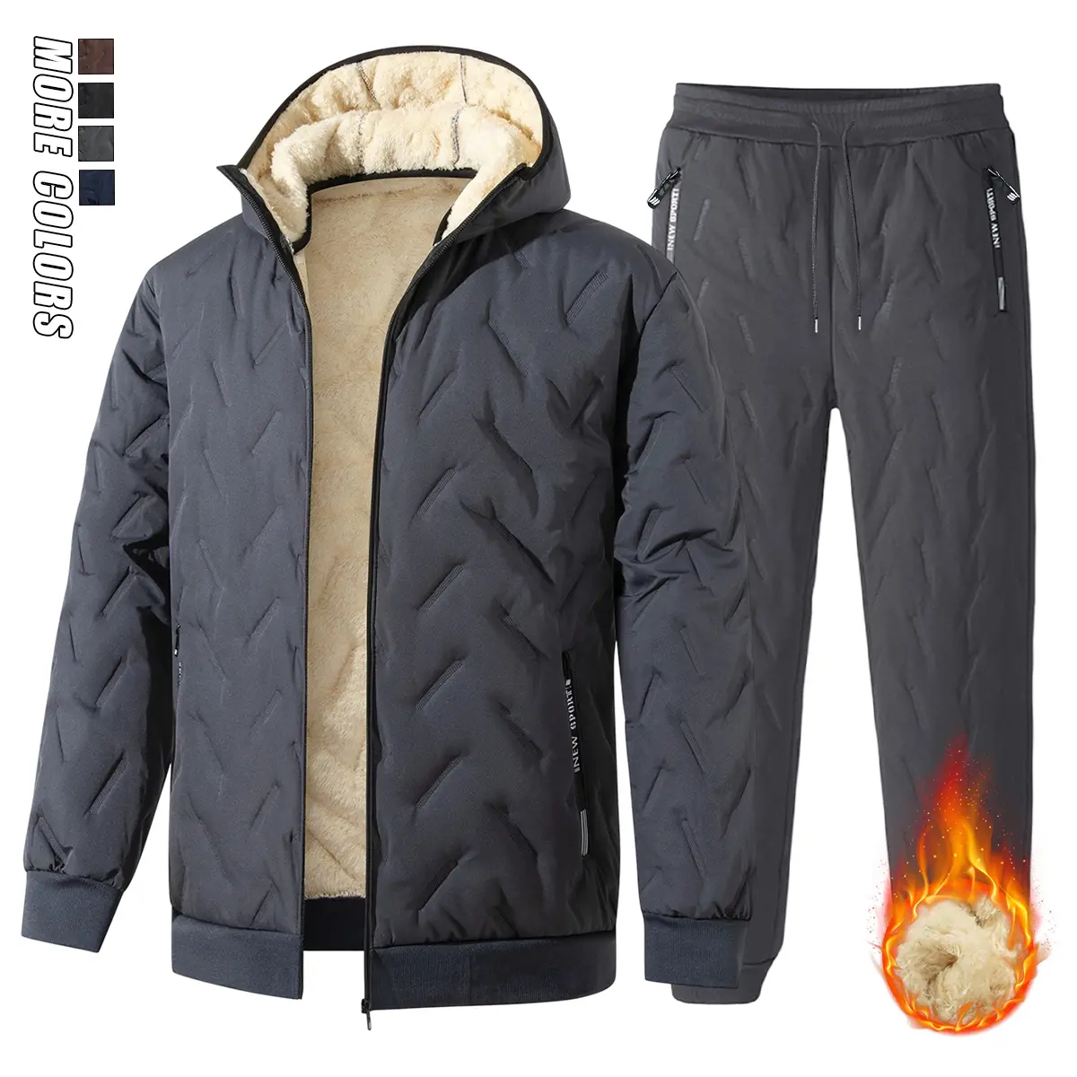 Men’s hooded fleece-lined warm winter jacket and pants set, hoodie top + casual long pants, suitable for cold weather, men’s clothing, men’s sets, autumn/winter apparel