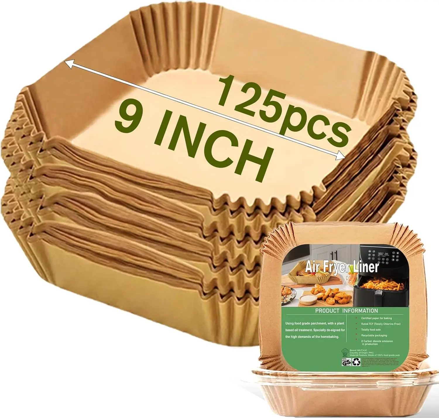 9-Inch Square Thick Air Fryer Disposable Parchment Paper Liners, 125 Pcs 1.8in Baking Supplies for 5-8QT Air Fryer Baskets, Oil-Proof Kitchen Appliance Parts