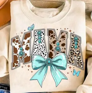 Coquette Western Mama Shirt, Sweatshirt, Hoodie Aesthetic Bow and Cow Print Tee, Turquoise Detail, Cute Rodeo Mom Gift, Southern Cowgirl Mama, Trendy Mom Life. A