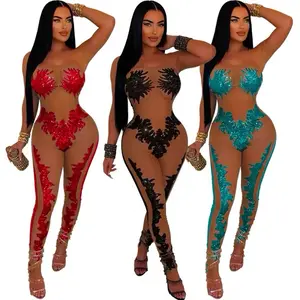 Womenswear Mesh Sequence Jumpsuit - Red & Black Design, Versatile Fit, Stylish Outfit for Any Occasion - Overalls