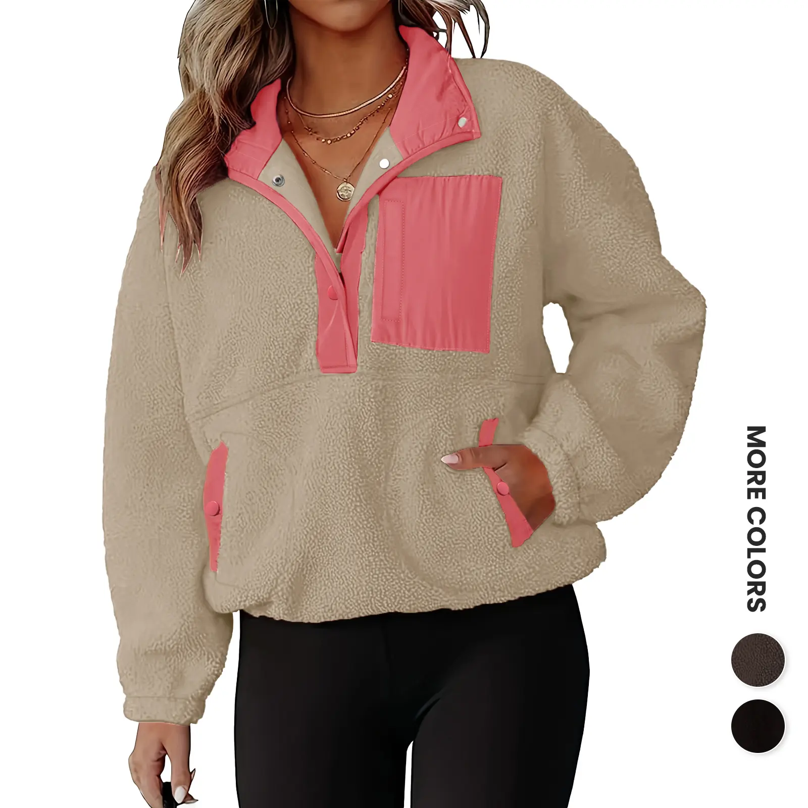 Renaishow Womens Fleece Pullover Jacket Sherpa Sweatshirt with Pockets | Oversized Soft Cozy Fuzzy Fleece Sweater, Fall Sweatshirts, Winter Warm Coat, Casual Travel Outfit