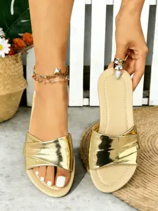 2026 Fashion Women's Plus Size Wide Metal Gold Band Metallic Finish Smooth Rubber Sandals, Elegant Shiny Open-Toe Slippers, Comfortable Summer Shoes for Outdoor Activities