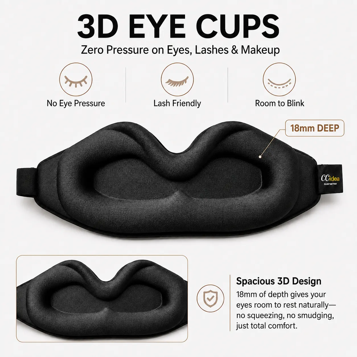 CCidea Light Block Sleep Mask for Sleeping - 3D Memory Foam Eye Mask with Deep Eye Cups, Light-Blocking Nose Bridge, No-Pressure Comfort, Adjustable Strap for Side Sleepers, Travel, Light Block Sleep Masks