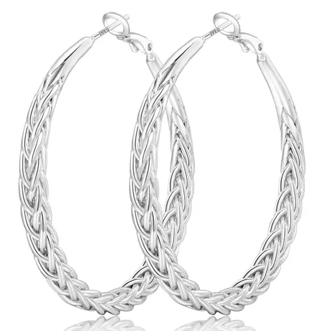Women's 40 mm Silver-Plated Chunky Hoop Earrings - 1 Pair Braided Twisted Woven Textured Large Circle Hoops with S925 Post, Lead-Free Lightweight Costume Piercing Jewelry for Daily Wear, Birthday Gift