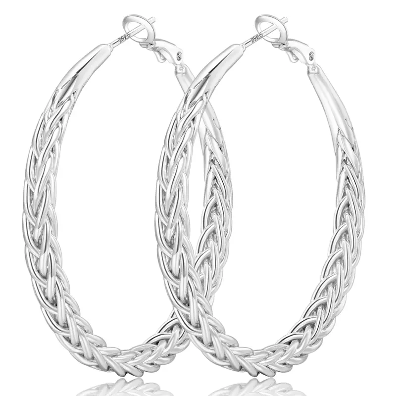 Women's 40 mm Silver-Plated Chunky Hoop Earrings - 1 Pair Braided Twisted Woven Textured Large Circle Hoops with S925 Post, Lead-Free Lightweight Costume Piercing Jewelry for Daily Wear, Birthday Gift