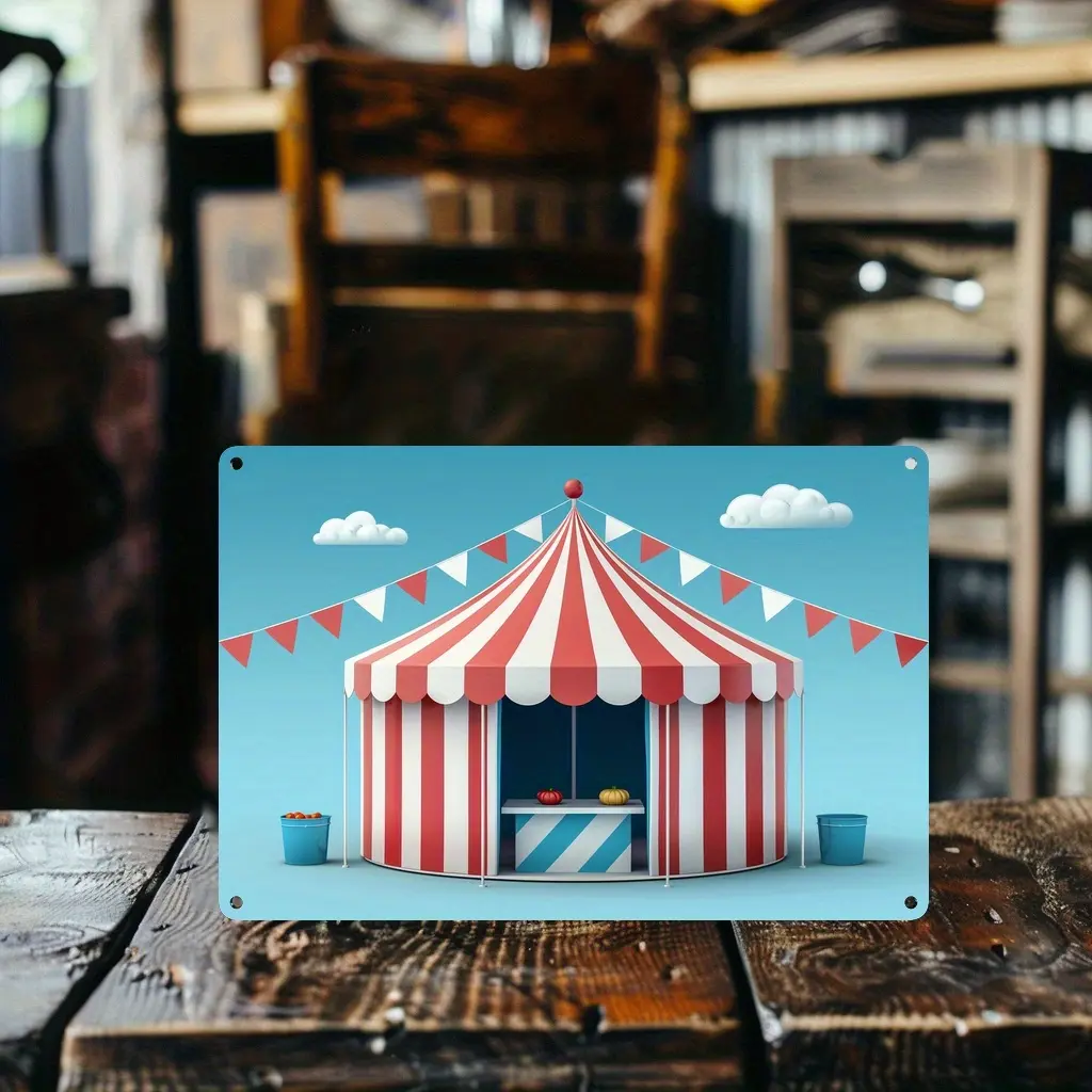 AluminumCarnivalTentPoster,-WeatherResistantMetalWallArtforClassroom,Home,andPartyDecorationswithWhimsicalIllustrationandUniversalAppeal
