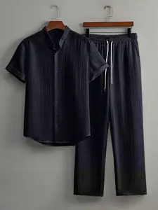 Two-Piece Set Men's Solid Color Striped Trim Pajama Loungewear, Regular Fit Casual Comfy Short Sleeve Top & Pants PJ Set, Men's Sleepwear for Summer