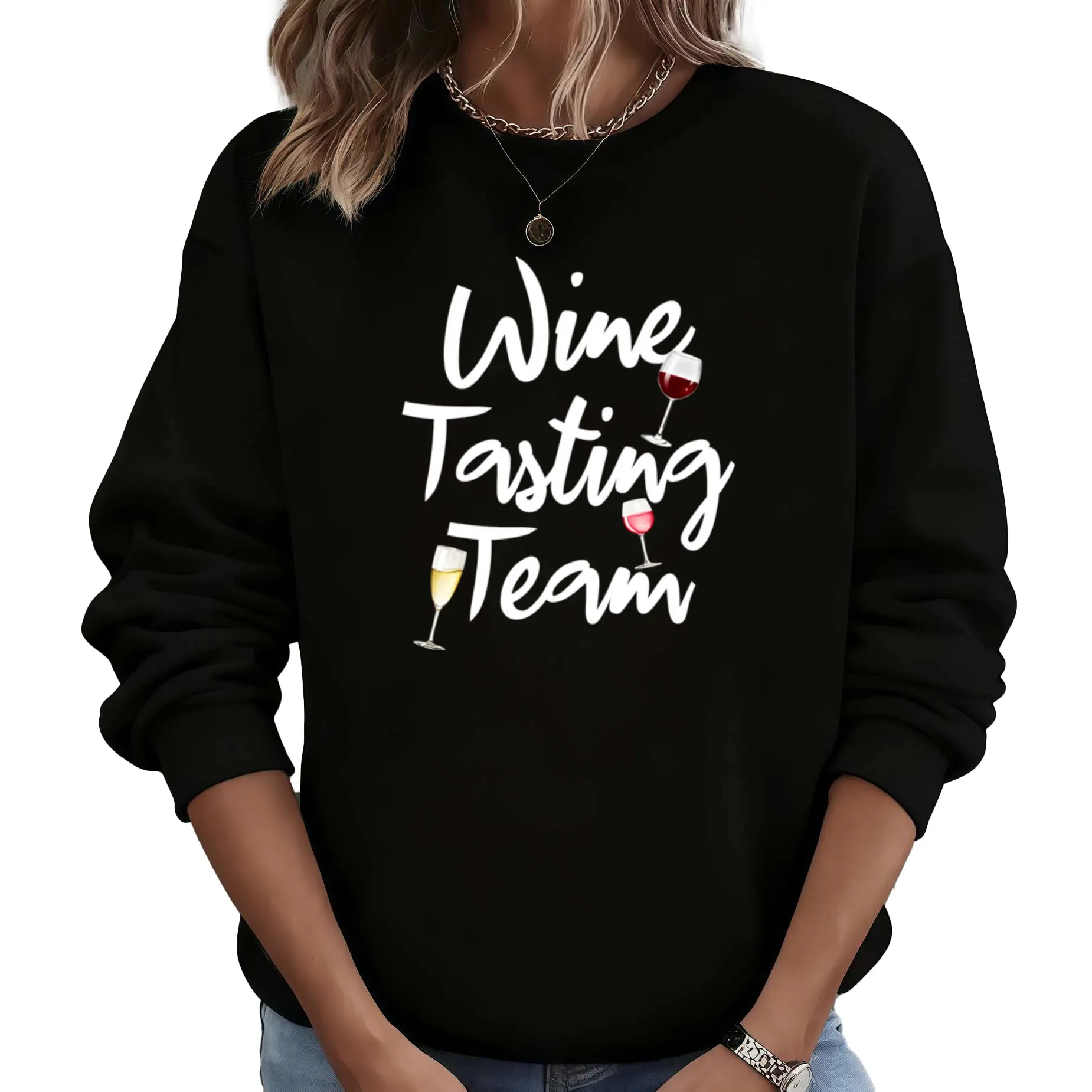 Unisex Long Sleeve Sweatshirt – Funny Wine Tasting Team Print, Lightweight 220G Fabric, Perfect Casual Party Outfit for Wine Lovers 2025 Hoodie Straight