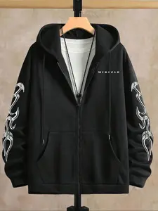 Men's Hooded Zipper Long Sleeve Graphic Sweatshirt Jacket, Fashionable Comfortable Casual Wear for Outdoor Activities