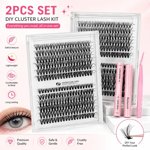 [240Pcs] Cosmetic Fluffy Lash Cluster Kit - 30D-40D D Curl Natural Wispy Multi-Size Individual Eyelashes, Waterproof Bond & Seal, Tweezers, Degradable Customizable Lash Extensions for Adults