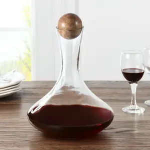 Glass Wine Decanter with Wooden Sphere Stopper, 85 oz Volume Capacity, Elegant Design for Home Decor