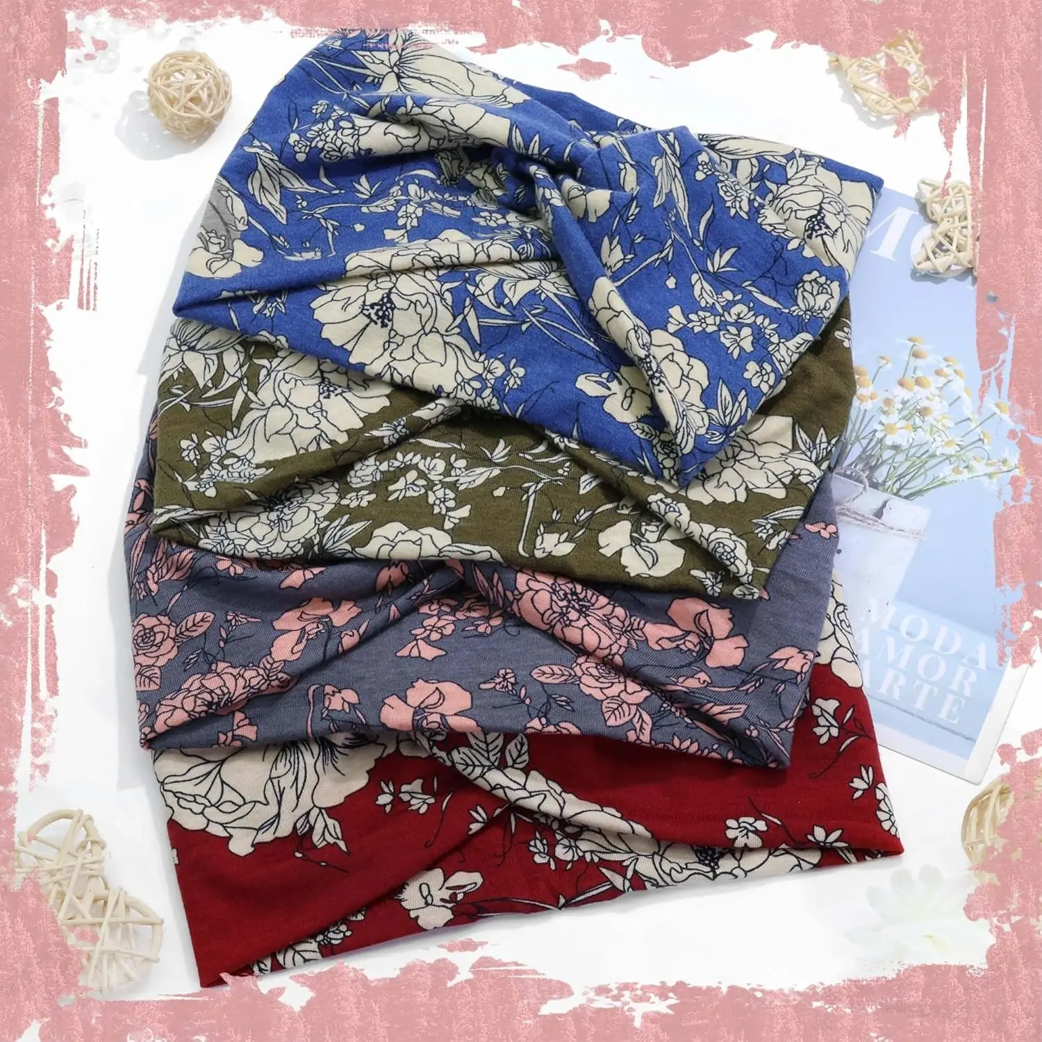 Women's 4-Pack Floral Twist-Knotted Turban Headbands, Vintage Flower-Printed Wide Elastic Head Wraps, Non-Slip Soft Hair Accessories for Yoga, Daily Boho Outfit Matching