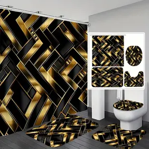 1/4 pcs Black and Gold Glory Print Shower Curtain Set, Bathroom Supplies, Non-slip Floor Mat, U-Shaped Carpet, Toilet Seat Cover, Perfect for Bathroom Decoration, Partition, Free 12 Shower Curtain Hooks, Bathroom Decoration Accessories