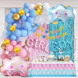 Baby Gender Reveal Decorations, Gender Reveal Party Decorations with Gender Reveal Balloon Arch Kit Boy or Girl We Love You Banner Tablecloth Paper Cake Toppers Fringe Curtains for Baby Shower