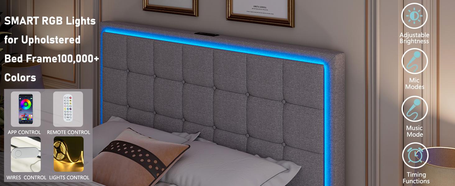 AMERLIFE Modern Bed Frame with RGB LED Lights and Linen Upholstered Headboard, Button Tufted Platform Bed Frame with USB Charging Station, Only Bed Frame/Affordable Luxury Bed Frames/Full/Queen/King/Best Gift Ideas/Christmas Gifts