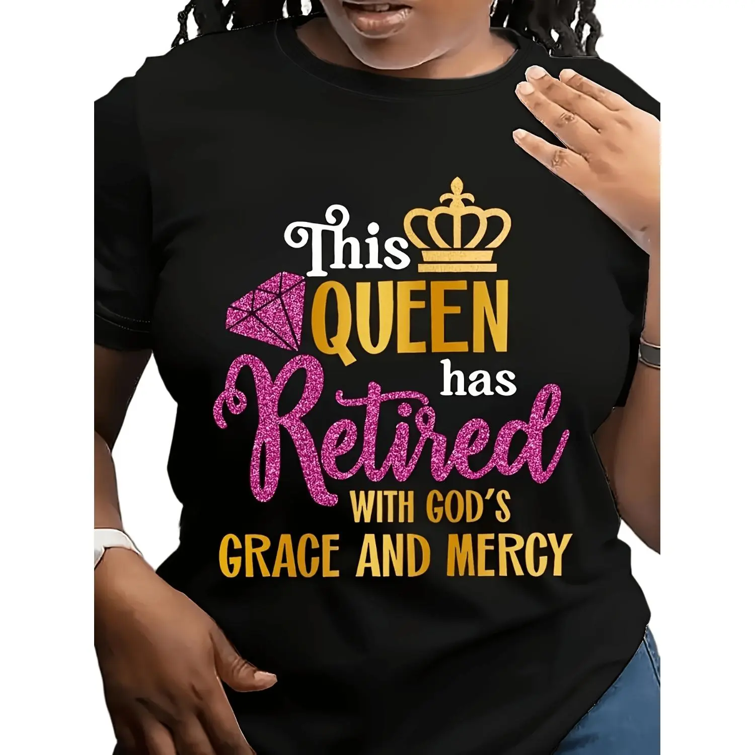 Plus Size Cotton T-shirt Featuring Queen and Retired Print Casual Short Sleeve Crew Neck Top for Spring and Summer Women's Plus Size Apparel