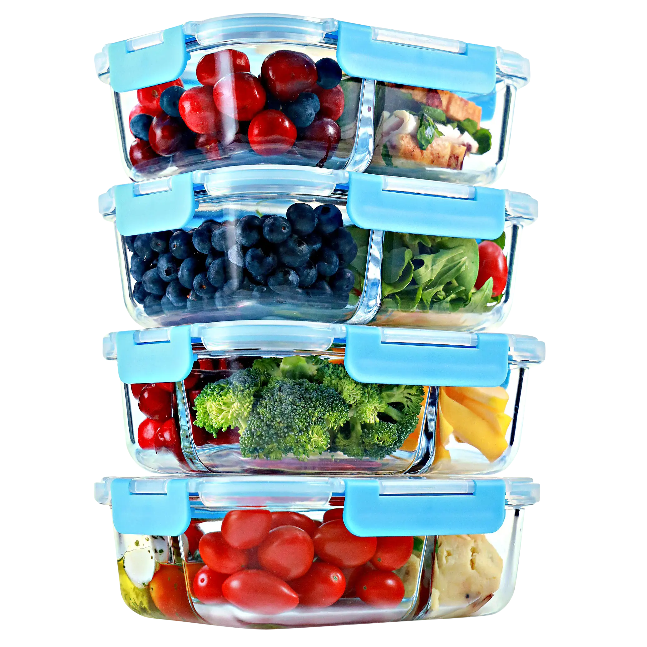 2 & 3 Compartment Glass Meal Prep Containers with BLUE Lids (4 Pack, 32 oz) Kitchen Reusable