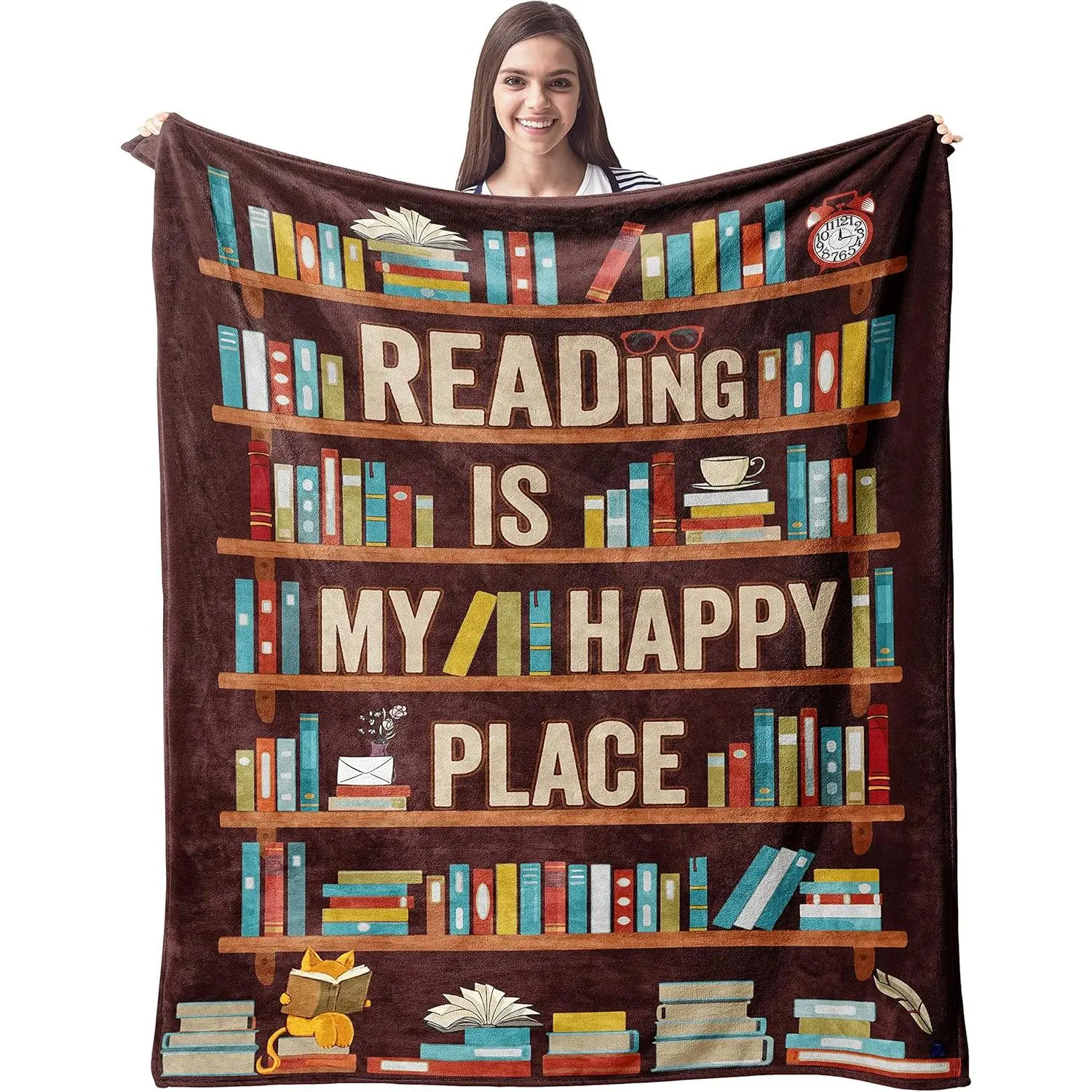 Vintage Bookshelf Library Plush Blanket, Cottagecore Wildflower Flannel Fleece Throw Blanket, Soft Cozy Blanket for Book Lovers, Reader Gift, Home Decor for Couch, Sofa & Bed, All-Season Christmas Present