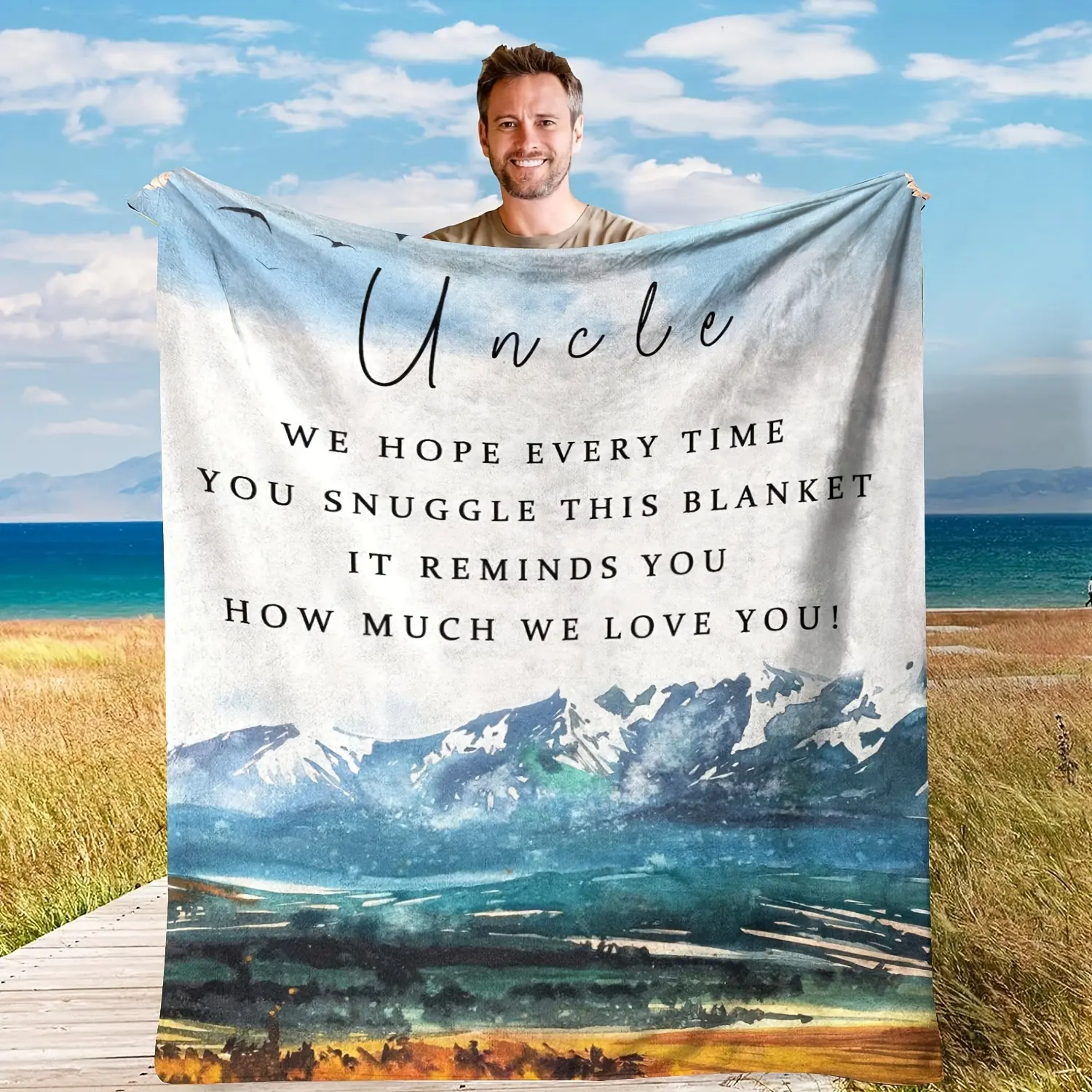 Cozy Mountain Landscape Flannel Blanket - Soft Throw Blanket for Uncle - Personalized Cabin Gift with Nephew and Niece's Love - Unique Present for Family Members