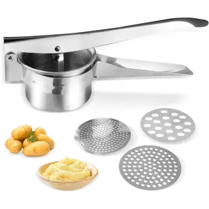 Stainless steel potato ricer manual masher strainer press mash kitchen gadget tool with 3 interchangeable ricing discs for potatoes fruits vegetables juicer