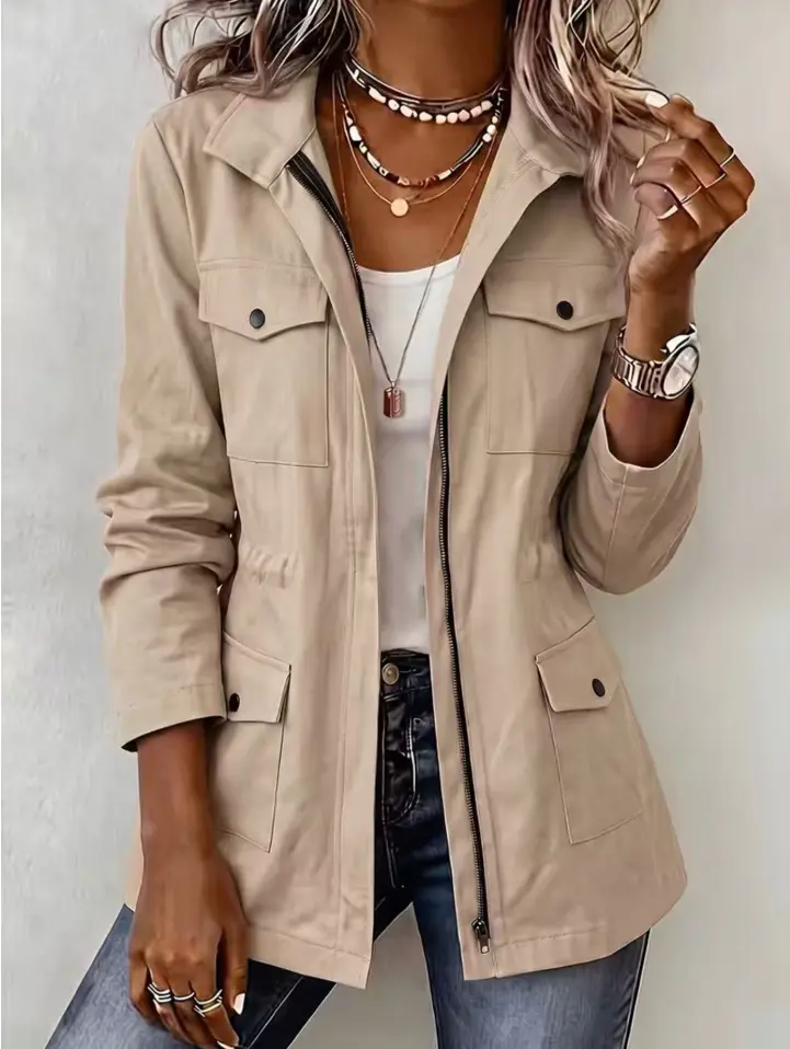 Women's 100% polyester cargo jacket with turn-down collar, drawstring waist, multiple pockets, zipper closure, casual mid-length design