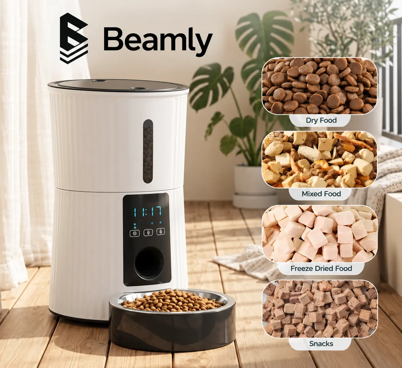 Beamly Automatic Pet Feeder WiFi Timed Cat Food Dispenser with APP Control Dual Power Supply Indoor Programmable Pet Feeder