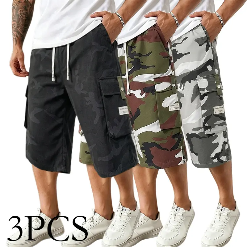 Men's 3-Pack Camo Cargo Shorts, Loose-Fit Quick-Dry Polyester Hiking Shorts with Multi-Pockets and a Drawstring Waist, Quick Dry Shorts