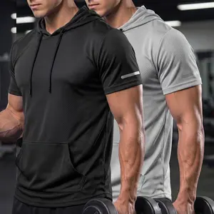 Men’s hooded short-sleeve T-shirt with front drawstring closure and front pocket, streetwear athletic top