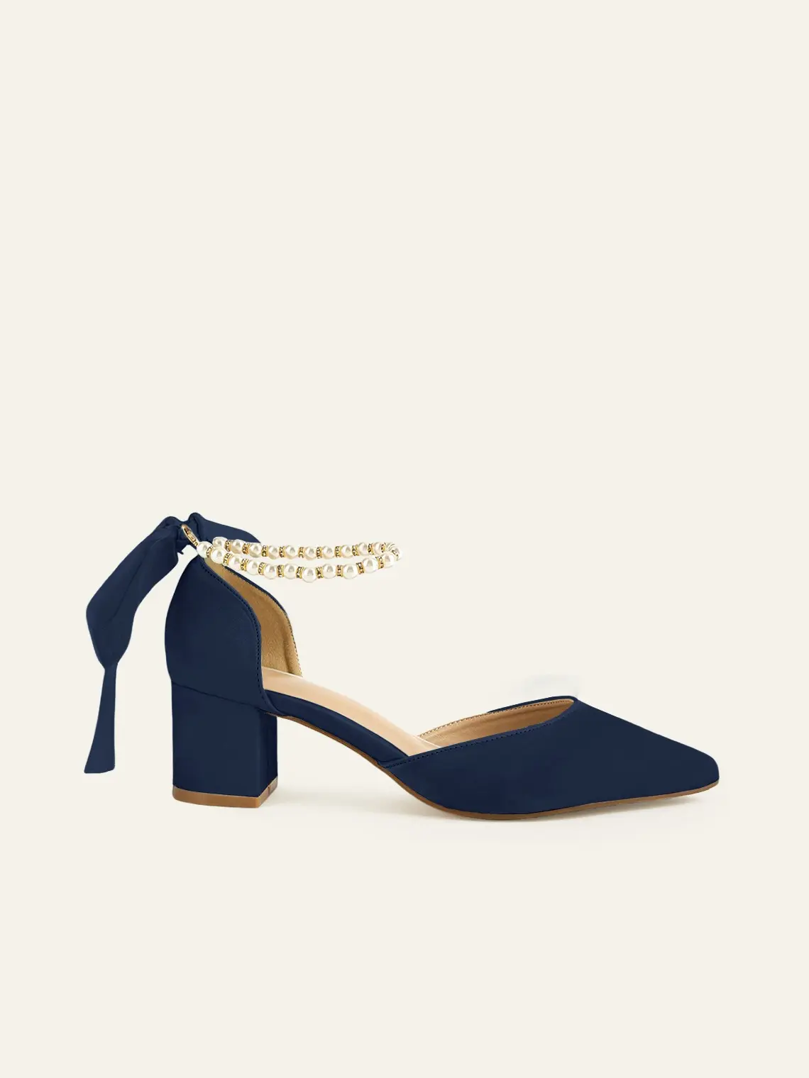 AZAZIE Satin Bridal Heels with Pearl and Ribbon Bow, Pointed Toe Block Heel for Women's Formal Wedding Party