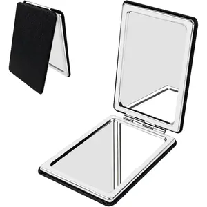 Portable Beauty Mirror with Leather Cover, 1X/2X Two-Sided Makeup Small Pocket Mirror, Portable for Travel and Purses - Black