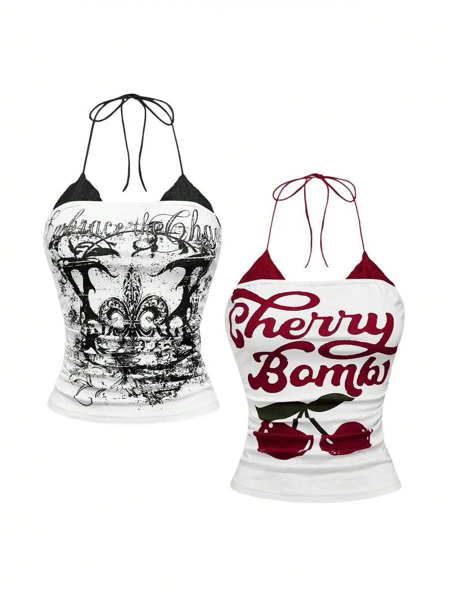 Sable x 2pcs/Set American Vintage Cherry Print & Punk Vine Print Contrast Lace Halter Neck Bodycon Tank Top