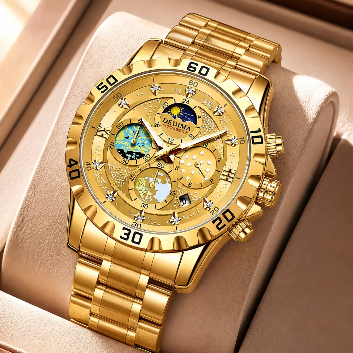 Collectible-grade all gold  men’s watch featuring a Earth dial with constellations and diamond accents; large dial, business style—an ideal Valentine’s Day or birthday gift for a boyfriend or husband — DDM507