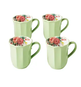 Set of 4 Ceramic Mugs, 16-Ounce Painted Meadow Floral Coffee Cups for Home and Kitchen