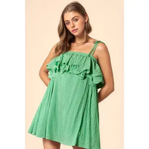 Davi & Dani Textured Jacquard Checker Fabric Ruffled Dress Casual Formal