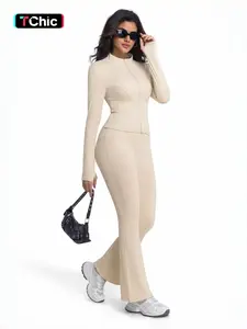 Women's High Waist Yoga Set, Stand Collar Full Zip Jacket & Wide Leg Pants, Soft Comfortable Workout Running Outfits Gym Training Running Cycling Hiking Golf Tennis Yoga Bottoms