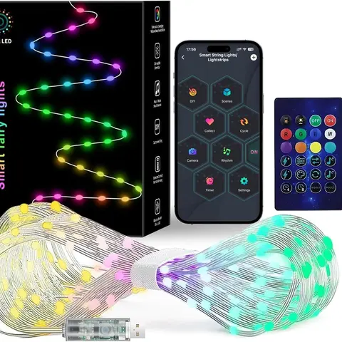 Car Decor Smart WiFi Fairy LED Lights - 66ft Model Christmas Wishlist Hanging Lights, USB-Solar Powered, 200 RGB Music Sync, 12 Modes, Rainbow & Warm White Color-Shift Effects, Remote & App Control for Christmas Party